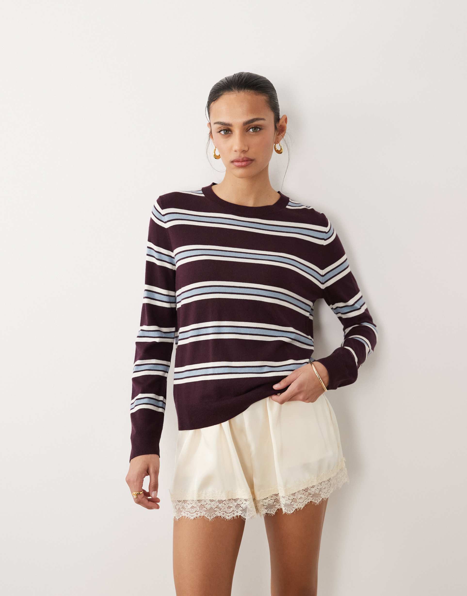 mango lightweight knit sweater in burgundy and blue stripes