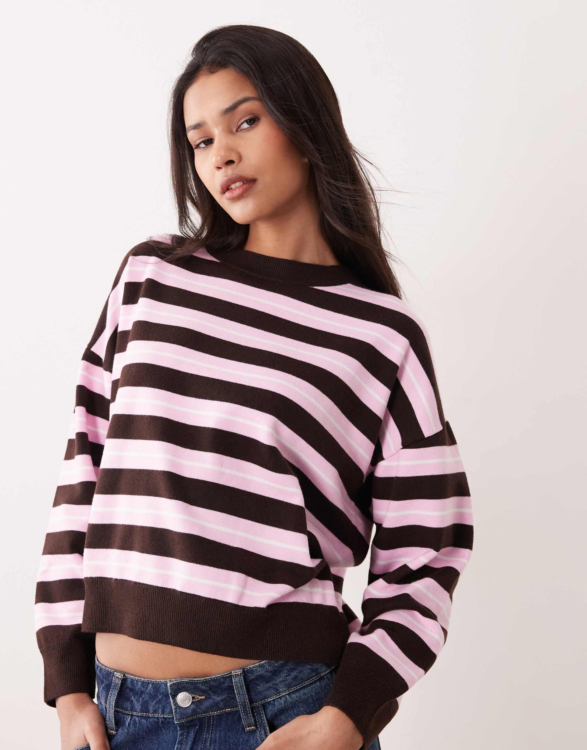 mango lightweight knit sweater in pink and brown stripes