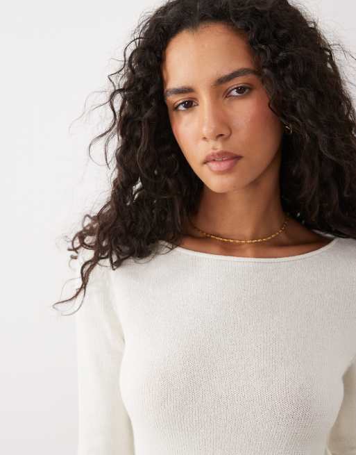Mango lightweight knitted boat sleeve top in ecru, 3 of 4