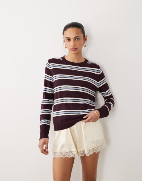 Mango lightweight knitted jumper in burgundy and blue stripe - view 1