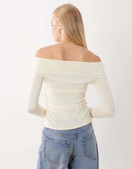 Mango lightweight knitted off shoulder top in ecru, 2 of 4