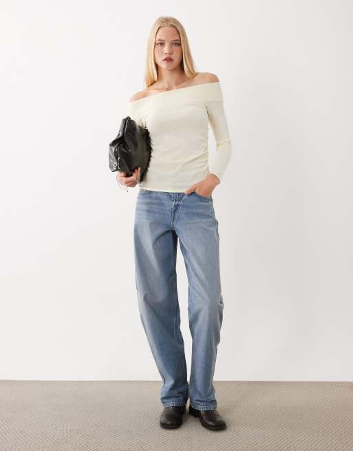 Mango lightweight knitted off shoulder top in ecru, 3 of 4