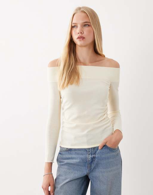 Mango lightweight knitted off shoulder top in ecru, 4 of 4