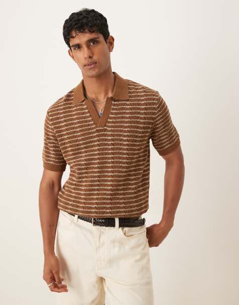 Mango lightweight knitted stripe revere collar polo top in brown - view 1