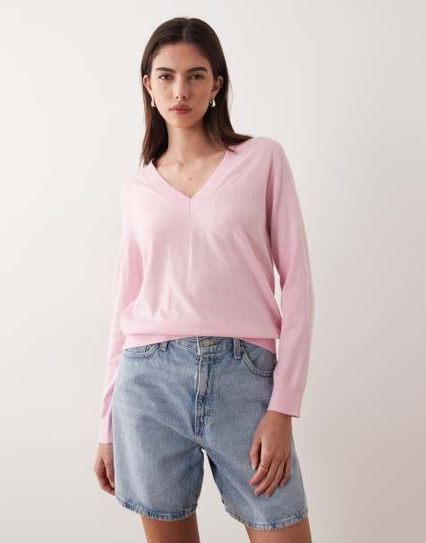 Mango lightweight knitted v neck top in pale pink - view 1