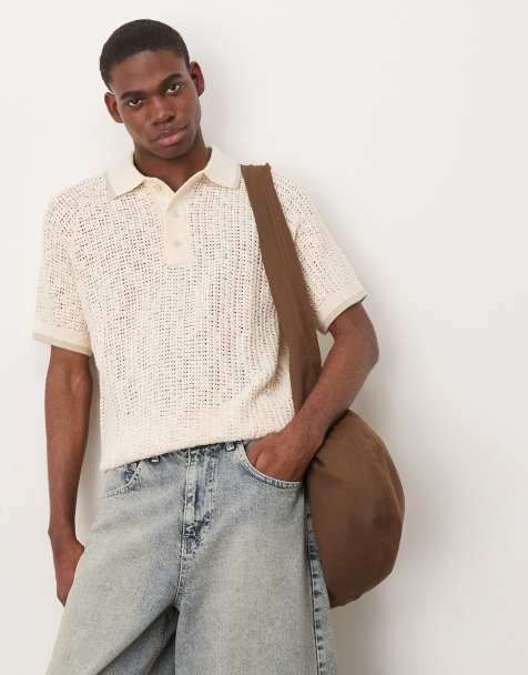 Mango lightweight open knit polo top in beige - view 1