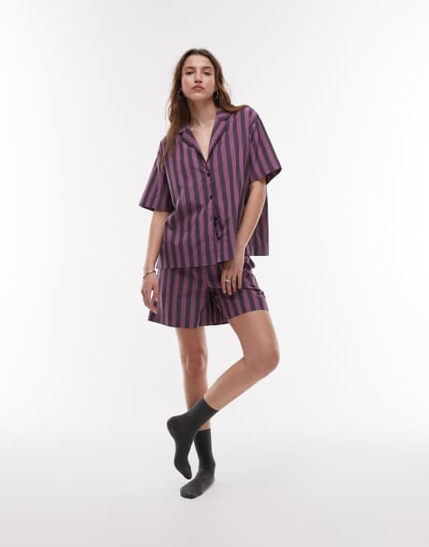 Mango – Lila, randiga pyjamasshorts i bomull, del av set - view 1