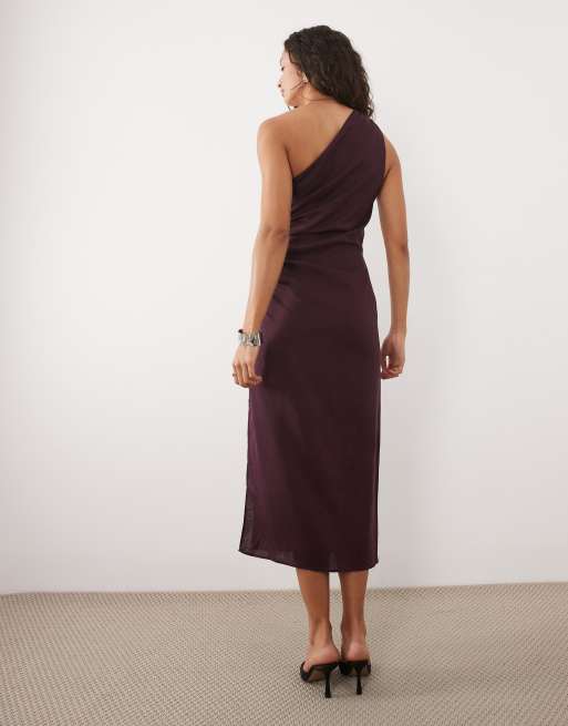 Mango - Lilla draperet oneshoulder-midikjole i hørblanding, 4 af 4