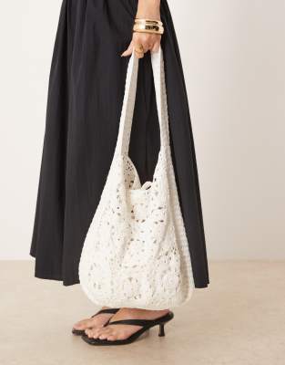 Mango Lined Crochet Tote Bag In Neutral