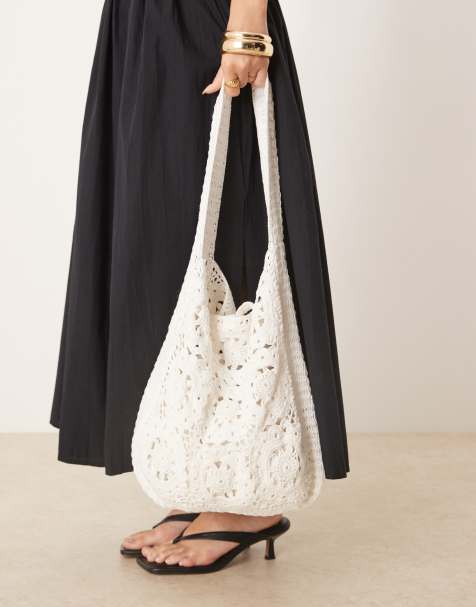 Mango lined crochet tote bag in oat - view 1