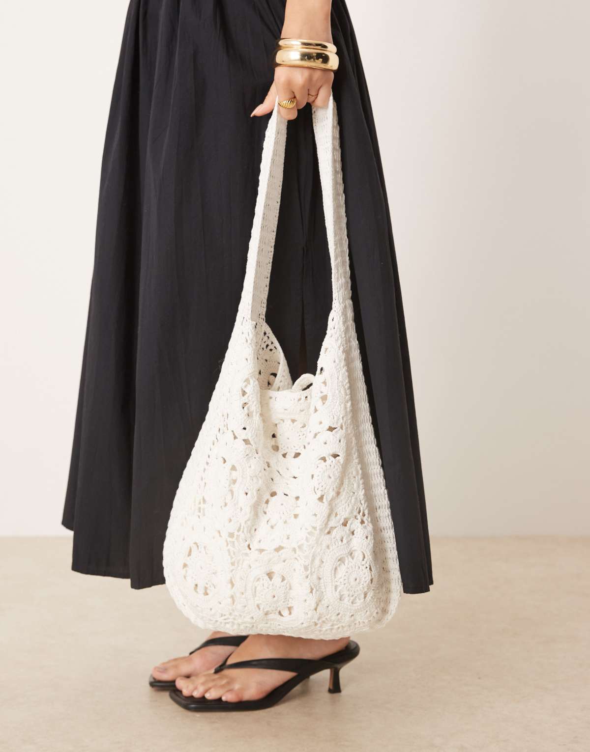 Mango lined crochet tote bag in oat