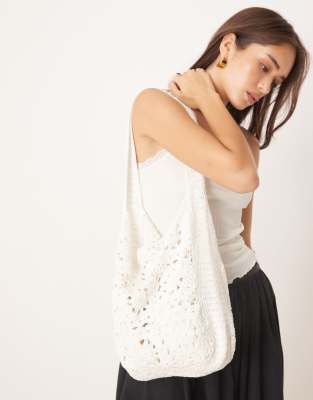 Mango Lined Crochet Tote Bag In Neutral