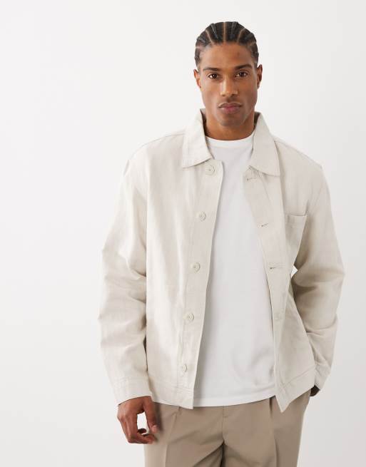 Mango linen blend denim look button up jacket in ecru, 3 of 5