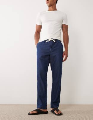 Mango Linen Blend Denim Look Draw String Pants In Blue