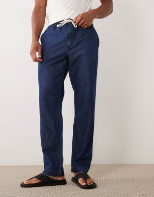 Mango Linen Blend Denim Look Draw String Pants In Blue