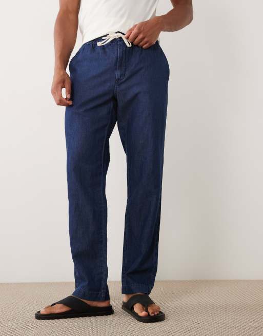 Mango linen blend denim look draw string pants in blue, 2 of 5