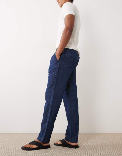Mango linen blend denim look draw string trousers in blue, 3 of 5