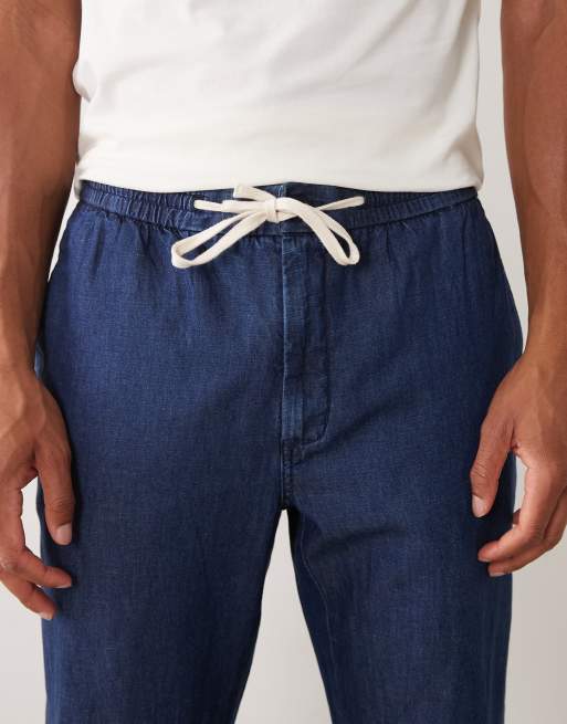 Mango linen blend denim look draw string trousers in blue, 4 of 5