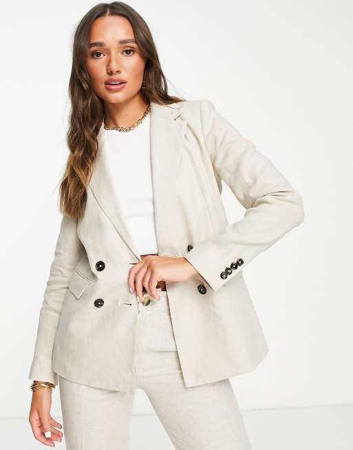 Mango linen blend double breasted blazer in stone | ASOS