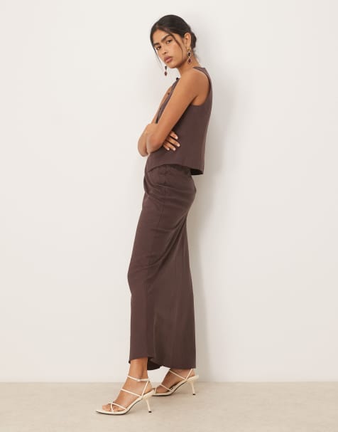 Mango linen blend maxi skirt co-ord with side knot in chocolate