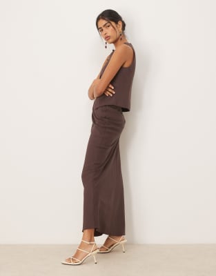 linen blend maxi skirt with side knot in chocolate - part of a set-Brown