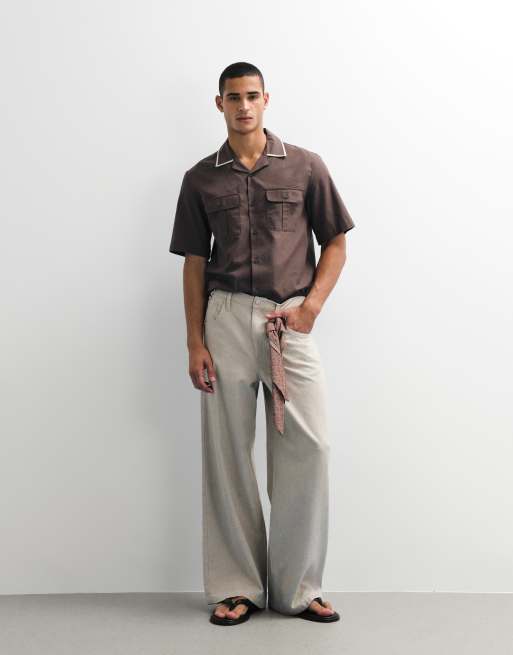 Mango linen blend short sleeve contrast trim shirt in brown, 2 of 9