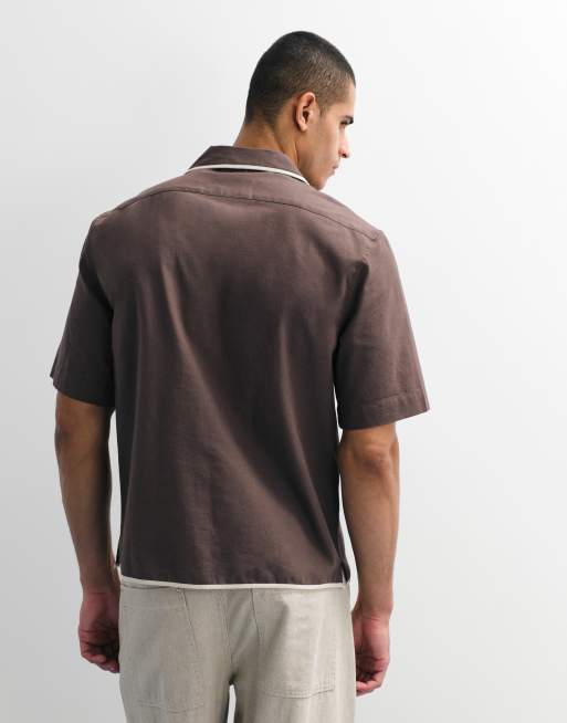 Mango linen blend short sleeve contrast trim shirt in brown, 5 of 9
