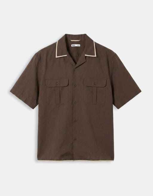 Mango linen blend short sleeve contrast trim shirt in brown, 6 of 9