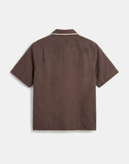 Mango linen blend short sleeve contrast trim shirt in brown, 7 of 9