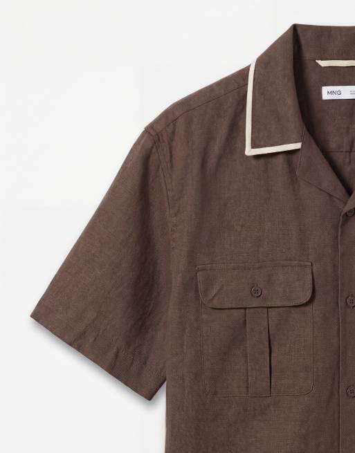 Mango linen blend short sleeve contrast trim shirt in brown, 8 of 9
