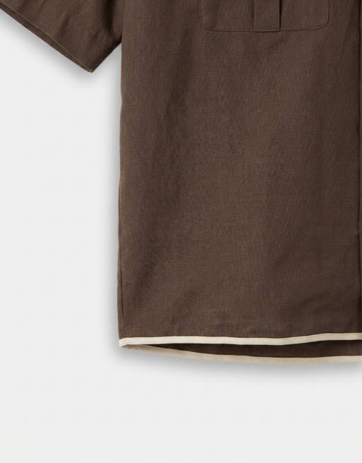 Mango linen blend short sleeve contrast trim shirt in brown, 9 of 9