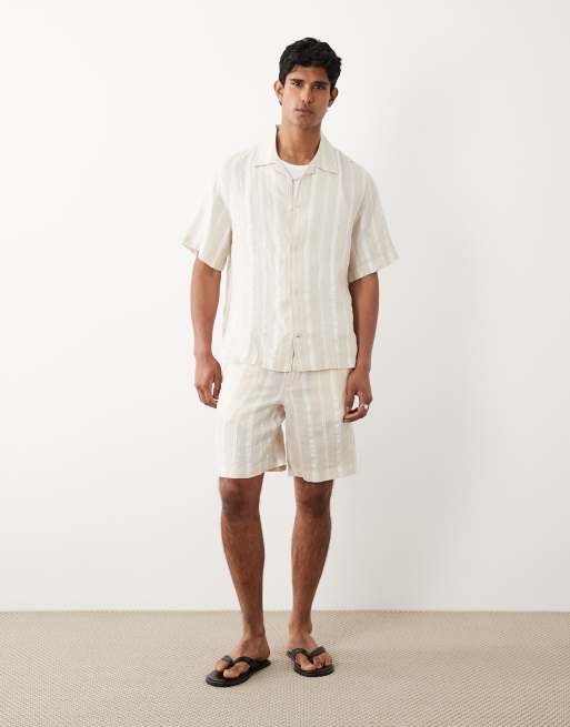 Mango linen blend short sleeve striped shirt in ecru, 2 of 5