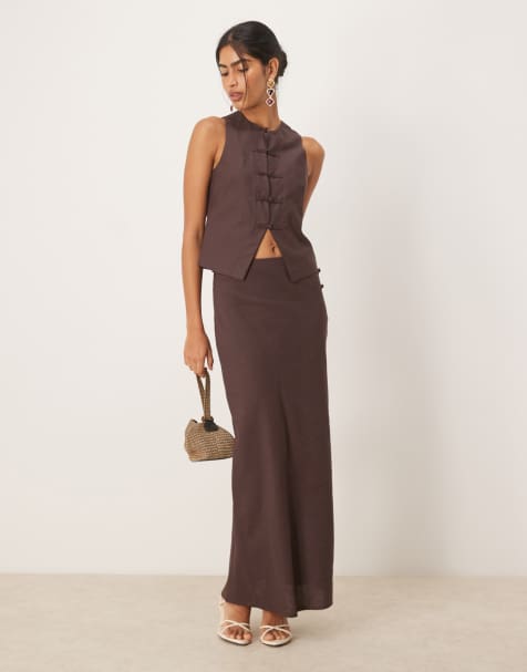 Mango linen blend skirt and vest set in chocolate - view 1