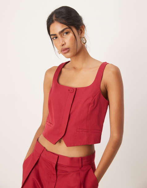Mango linen blend square neck waistcoat co-ord in red