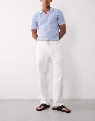 Mango Linen Blend Straight Leg Draw String Pants In White