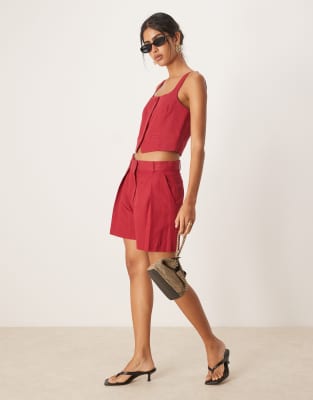 linen blend tailored pleated front shorts in red - part of a set
