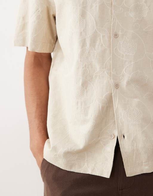 Mango linen blend textured floral print shirt in ecru, 4 of 5