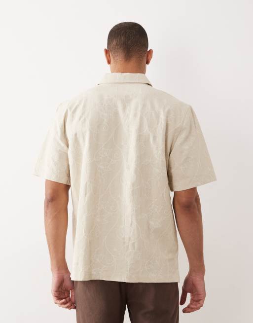 Mango linen blend textured floral print shirt in ecru, 5 of 5