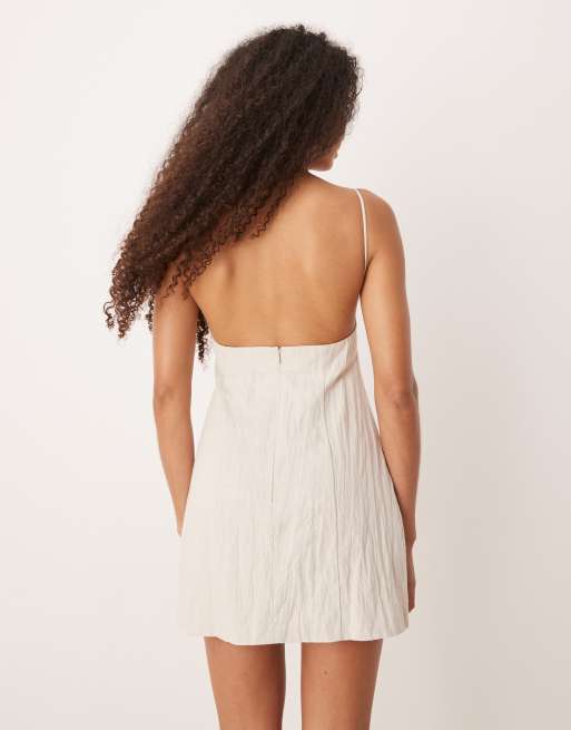Mango linen blend textured mini dress with frayed neckline in light beige |  ASOS