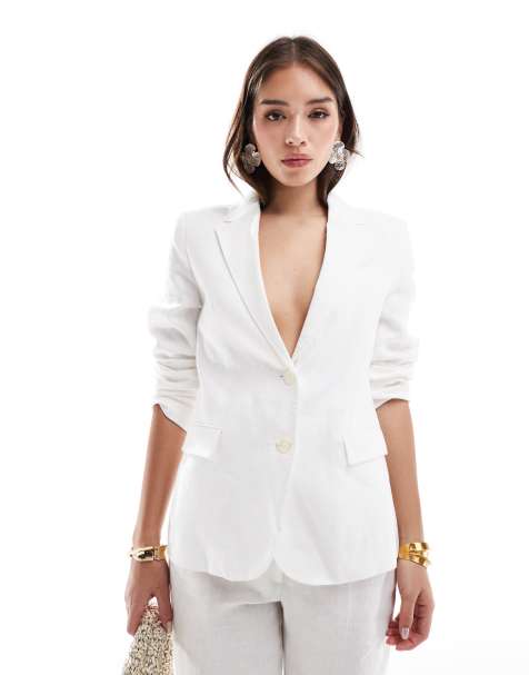 Mango linen cinched waist co-ord blazer in white - view 1