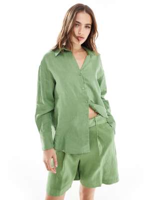 Mango linen co-ord shirt in light green