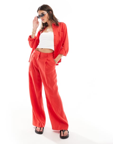 Mango linen co-ord trousers in red - view 1