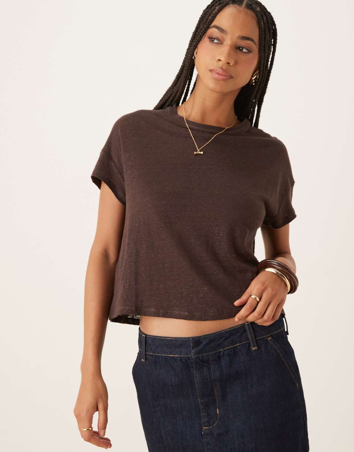 Mango linen cropped round neck t-shirt in chocolate