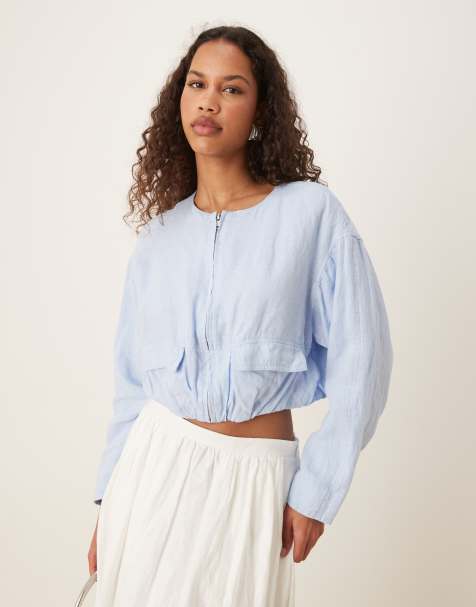 Mango linen cropped utility jacket in sky blue - view 1
