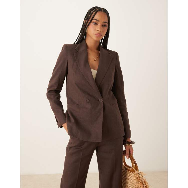 Mango linen double breasted blazer in chocolate - part of a set | ASOS
