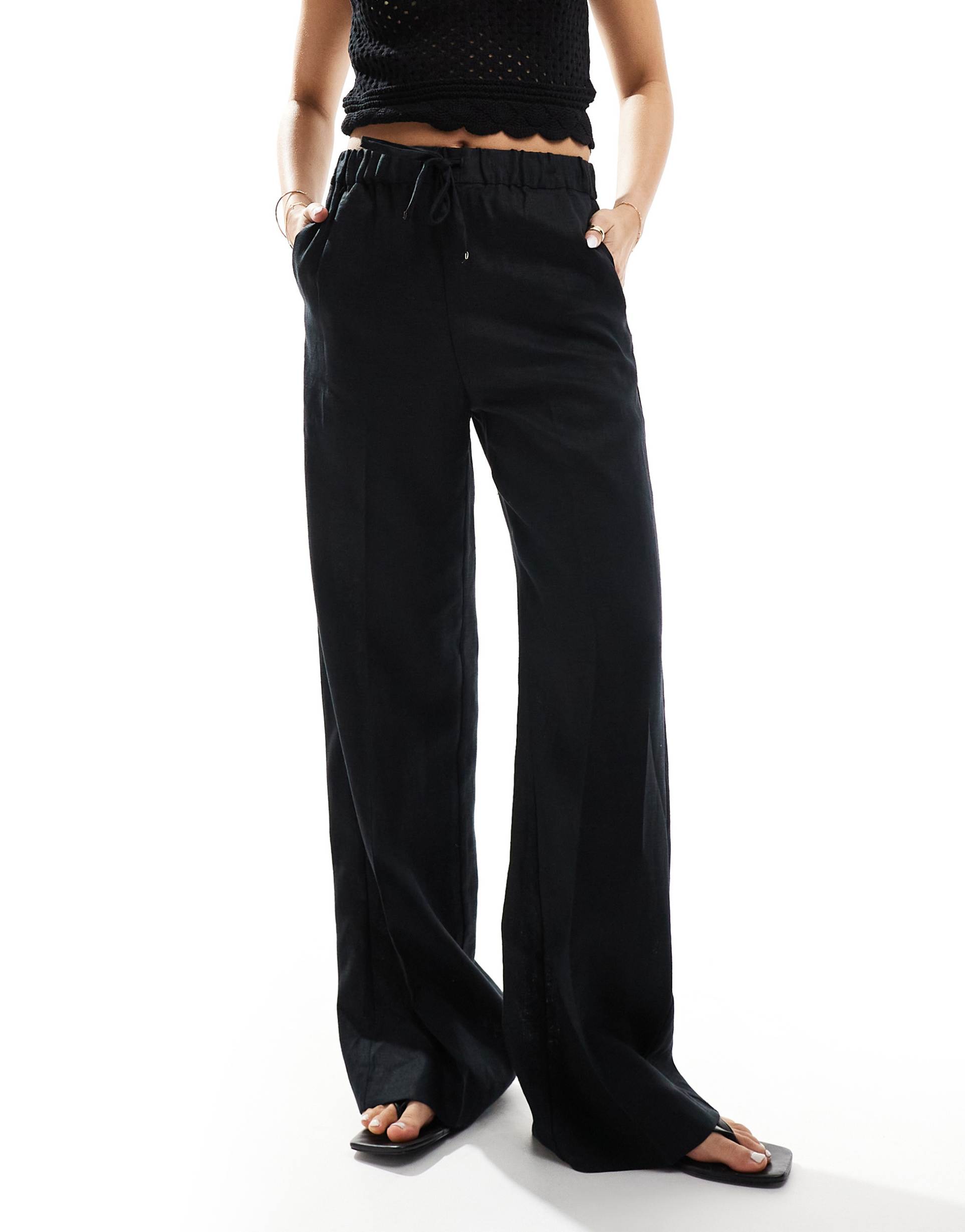 mango linen drawstring pants in black