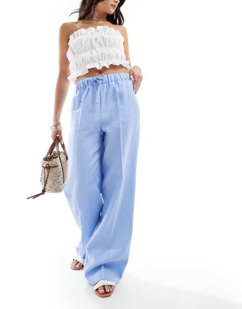 Mango linen drawstring trousers in light blue - view 1