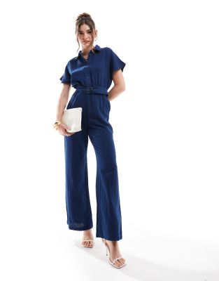 Mango Linen Look Belted Jumpsuit In Dark Blue