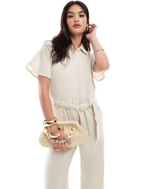 Mango linen look belted jumpsuit in white - view 1