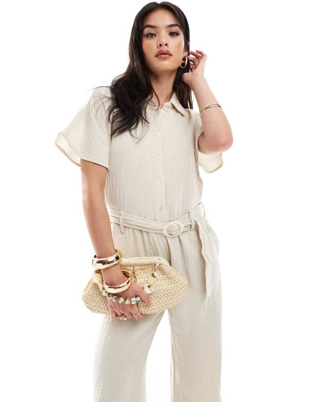 Mango - linen look belted jumpsuit in white